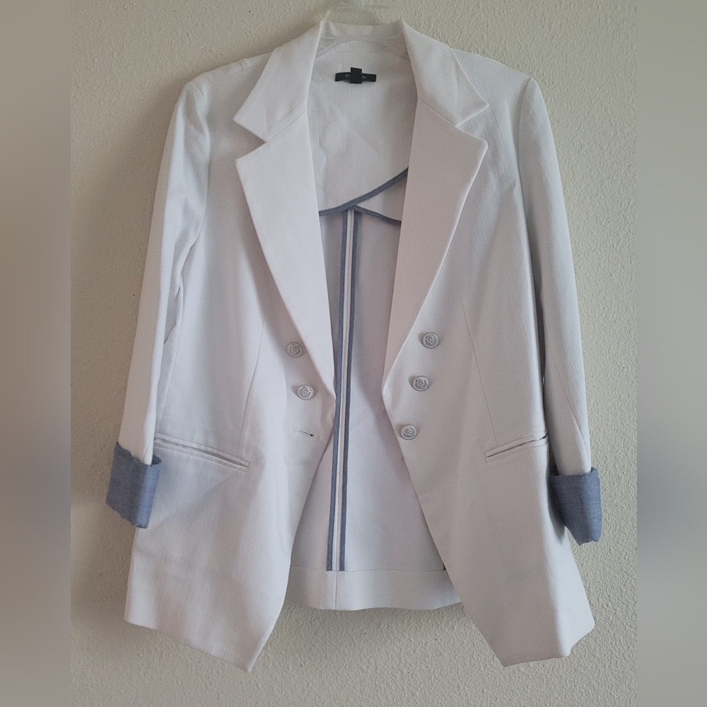 DREW Sz Large White Double-Breasted Blazer with Blue Trim